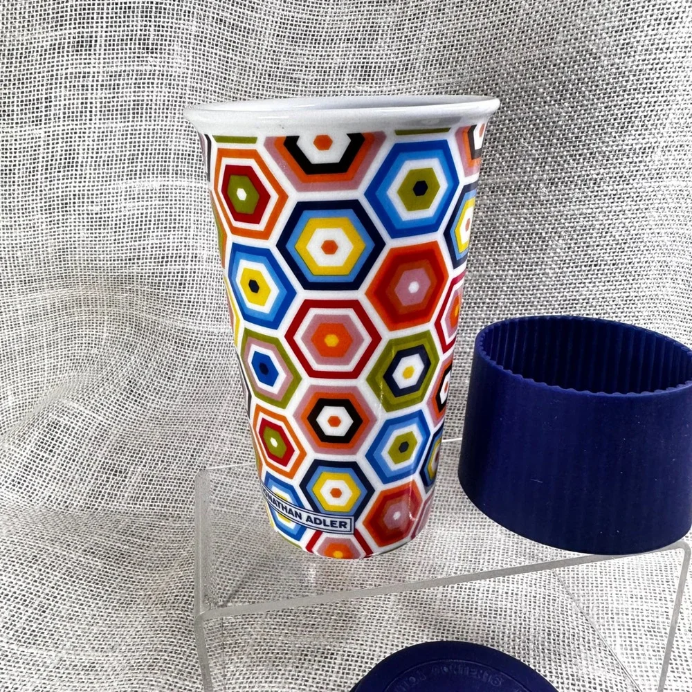 Jonathan Adler Travel Mug Geometric Hexagon Ceramic Silicone Lid Sleeve Blue Cup